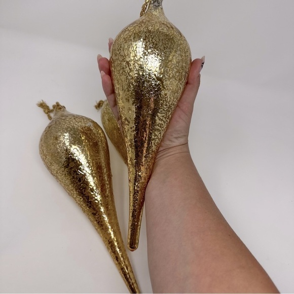 Large Gold Blown Glass Tear Drop Crackled Ornaments 11 1/2” Set Of 3 - Picture 4 of 9